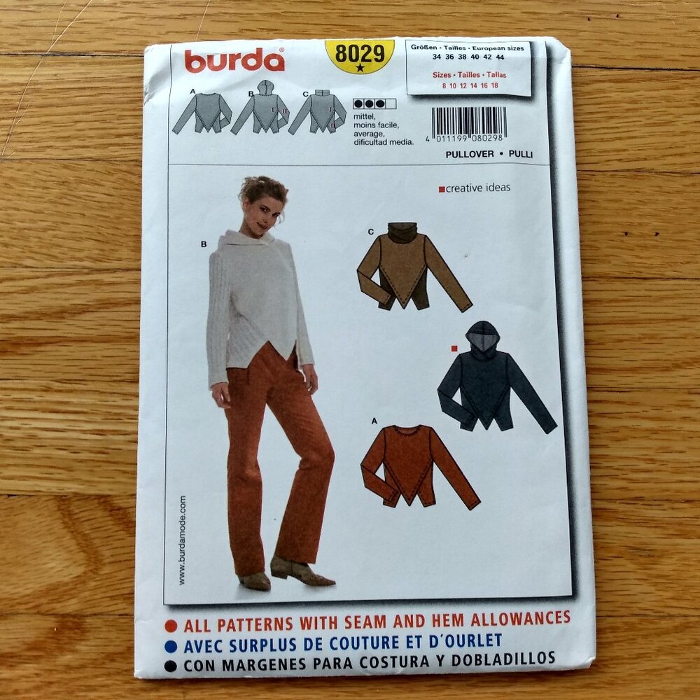 Vintage Pullover with Hood Sewing Pattern Size 8-18 Plus UNCUT Burda 8029